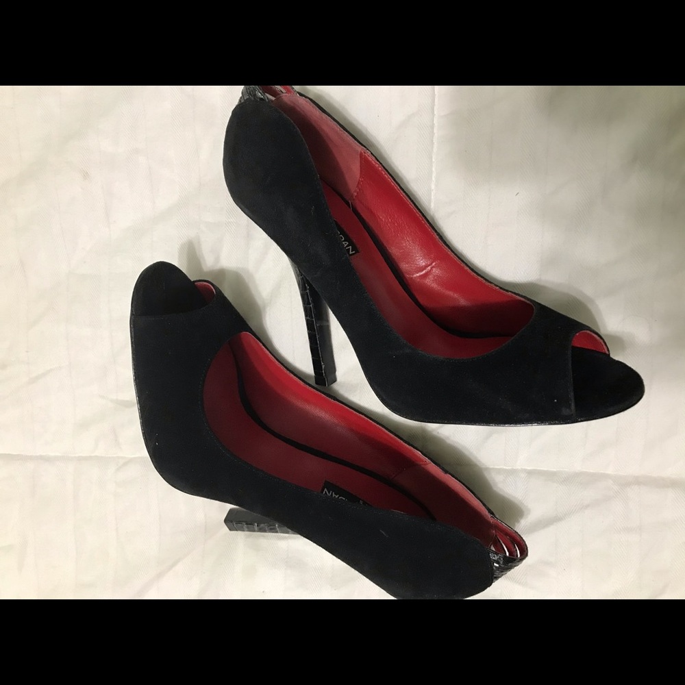 Peep toe high heels, black suede, women’s size 7